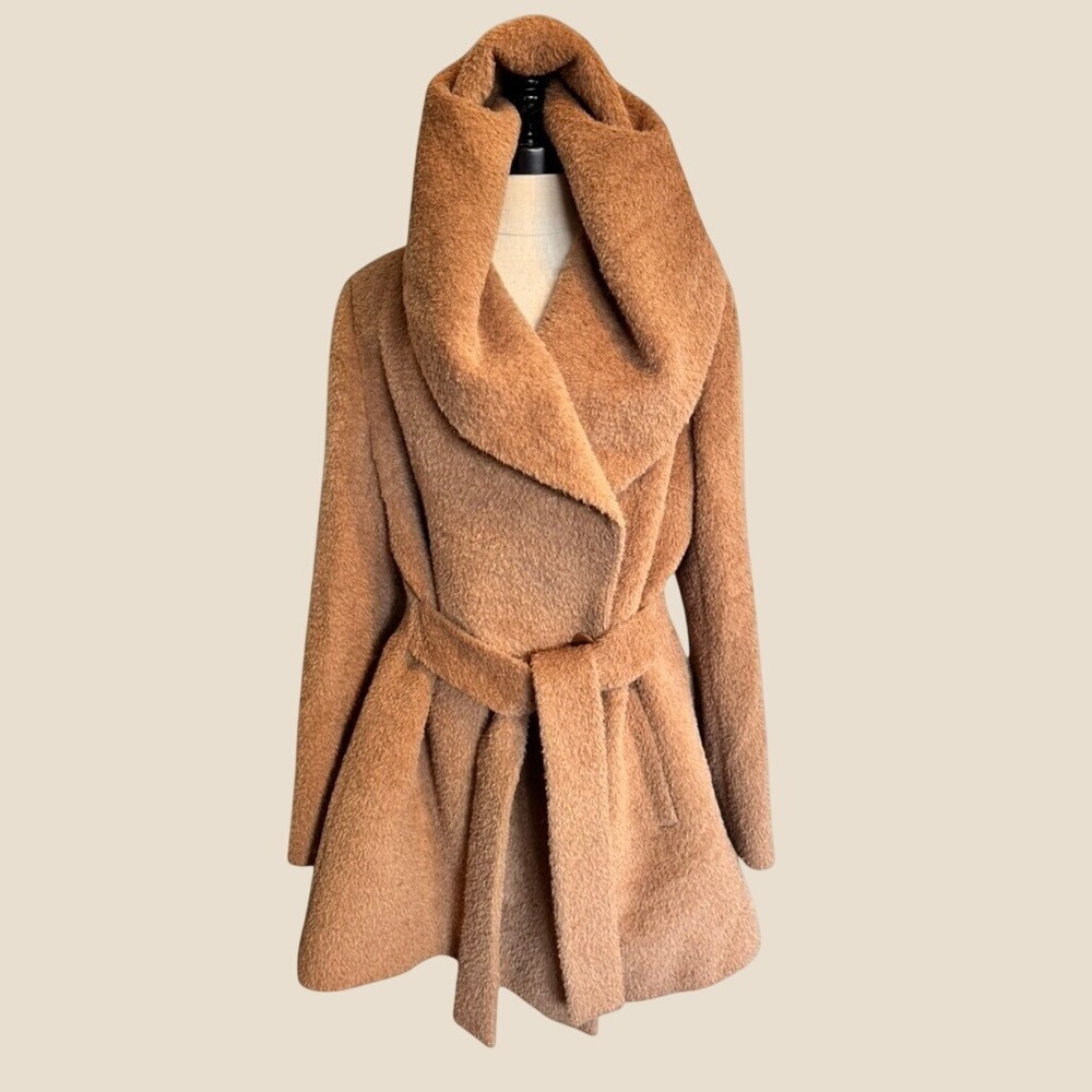 Trina Turk Grace Hooded Wool & Alpaca Coat Dark Camel Blend Wrap Jacket NWOT